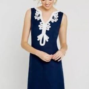 Eliza J Linen Navy Dress with White Detailing
